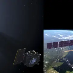 Två rymdfarkoster, en nära solen, den andra över jorden, representerar ett europeiskt satellitsystem.