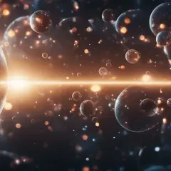 En glödande horisont delar upp en myllrande rymd av planeter och nebulosor, som bubblor i parallella universum.