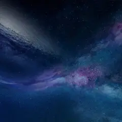 En djupblå rymd med virvlande nebulosor i lila och turkost, som påminner om den kosmiska bakgrundsstrålningen.