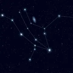 A constellation of stars connected by lines, with a faint galaxy in the background.