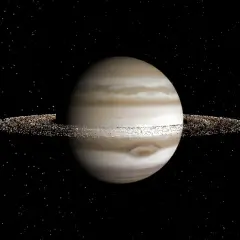 En gasjätte med band av moln och tunna, glittrande jupiter ringar mot en stjärnklar bakgrund.