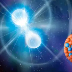 Två lysande objekt kolliderar i rymden, vilket skapar en våg av energi. Bredvid syns en modell av en atomkärna, en del av det kosmiska kretsloppet.