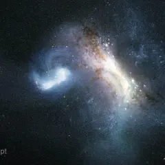 Konstnärlig tolkning av en galaxkollision, där gas och stjärnor virvlar. En del av vår egen vintergatan galax kan se ut så här i framtiden.