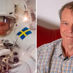 Christer Fuglesang i rymddräkt med svensk flagga och som en glad man i rutig skjorta.