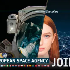 Astronaut i rymden och en kvinna möts. Rymdorgan ESA bjuder in till samarbete. #SpaceCare.