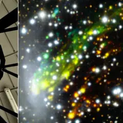 Teleskopets inre struktur mot en mörk himmel. Bredvid, en färggrann nebulosa med stjärnor, som får oss att undra hur många galaxer som finns där ute.
