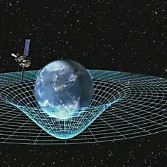 Jordens massa böjer rumtiden, en illustration av Einsteins relativitetsteori. En satellit observerar.