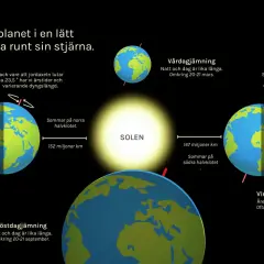 Jorden kretsar runt solen, vilket ger dag och natt samt årstider. Illustrationen visar jordens lutning och dess position vid sommar- och vintersolstånd samt dagjämningar.