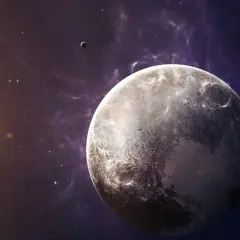 Pluto and its moon Charon in space with nebulae and stars.