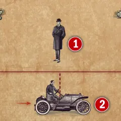 En man står stilla vid punkt 1, medan en bil kör förbi vid punkt 2. Blixtar slår ner vid A och B, en illustration av Einsteins teori.