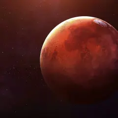 En rymdfarkost närmar sig Mars, den röda planeten, med stjärnor som glittrar i bakgrunden.