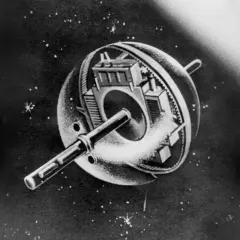 Sputnik 1, en ikonisk sfärisk satellit med synliga inre komponenter, svävar bland stjärnorna.