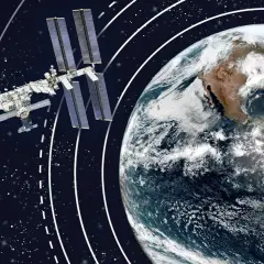 Internationella rymdstationen svävar i yttre rymden bredvid en molntäckt jord.