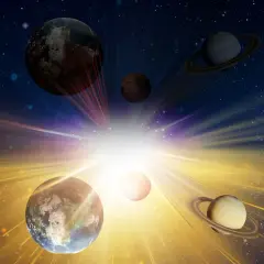 Planeter och stjärnor i ett kosmiskt skådespel, där en stor beng av ljus lyser upp universum.