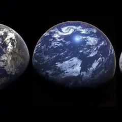 Tre planeter i olika storlekar. Den mellersta, med virvlande moln, visar hur stor är Venus jämfört med de andra.