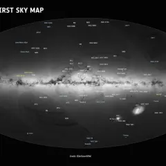 Gaia-kartan visar Vintergatan och dess omgivningar, med galaxer och stjärnhopar markerade. En fantastisk överblick från Gaia-resan.