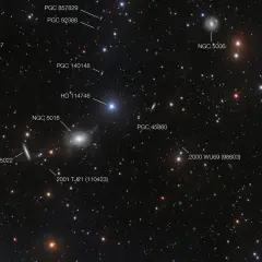 Mörk rymd med stjärnor och flera galaxer, inklusive elliptiska galaxer som NGC 5006.