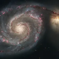 Två galaxer i en kosmisk dans. Den större, en spiralgalax med lysande armar, interagerar med en mindre, oregelbunden galax. Dessa former på galaxer visar universums dynamik.