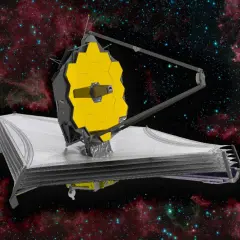 James Webb-teleskopet med sin gyllene spegel svävar i rymden bland stjärnor och nebulosor.