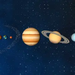 Solsystemet med solens massa i fokus, omgiven av planeter som Merkurius, Venus, Jorden, Mars, Jupiter, Saturnus, Uranus och Neptunus.