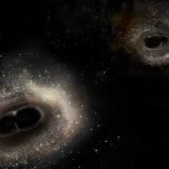 Två par svarta hål dras mot varandra i en virvel av stjärnor. Denna kosmiska dans av svart materia är hisnande.