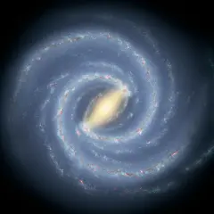 En bild av Vintergatan, vår galax, med dess spiralarmar fyllda av stjärnor och gas. Solens hastighet är otrolig när den kretsar kring galaxens centrum.