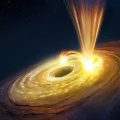En svart hål som slukar materia, skapar en glödande ackretionsskiva och jetstrålar. Astrofysik i ljusets hastighet.