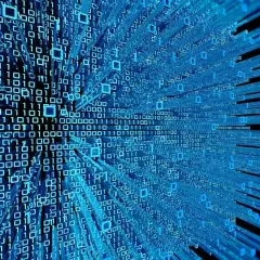 Blå binär kod som sträcker sig utåt, som en representation av dataöverföring eller kvantteleportering.