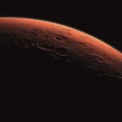 Mars kraterlandskap i mörker. Medeltemperatur mars är extremt låg, långt under fryspunkten.