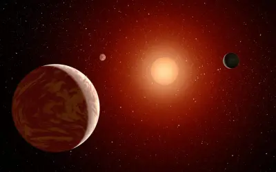 En konstnärlig representation av rymden med en stor, rödbrun planet i förgrunden. I bakgrunden syns en orange sol, en mindre planet och en grönaktig planet, kanske Proxima b, bland stjärnor.