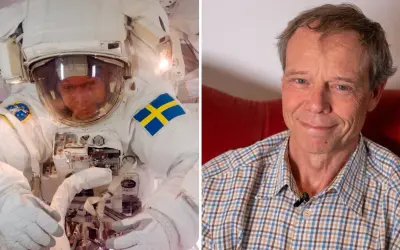 Christer Fuglesang i rymddräkt med svensk flagga och som en glad man i rutig skjorta.