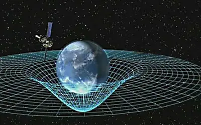 Jordens massa böjer rumtiden, en illustration av Einsteins relativitetsteori. En satellit observerar.