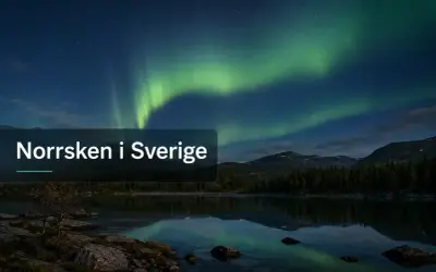 Grön norrsken dansar över en spegelblank sjö i Sverige, en vacker effekt av en geomagnetisk storm.