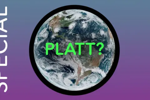 Jordens form ifrågasätts med texten "PLATT?" över en bild av jorden.
