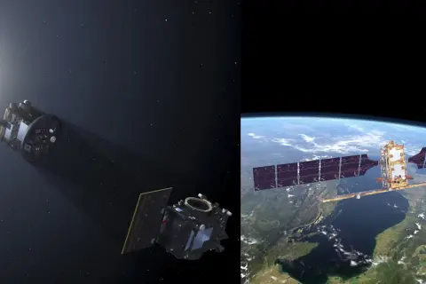 Två rymdfarkoster, en nära solen, den andra över jorden, representerar ett europeiskt satellitsystem.