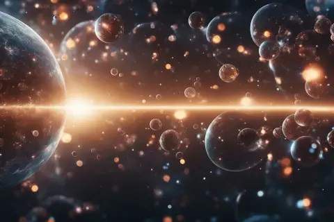 En glödande horisont delar upp en myllrande rymd av planeter och nebulosor, som bubblor i parallella universum.