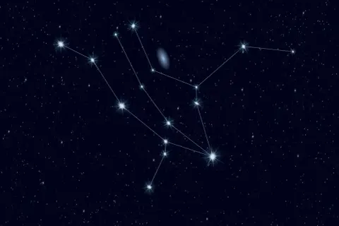 A constellation of stars connected by lines, with a faint galaxy in the background.