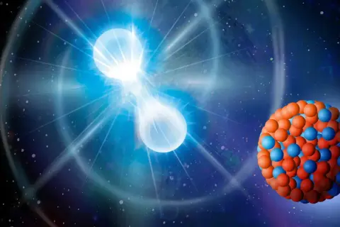 Två lysande objekt kolliderar i rymden, vilket skapar en våg av energi. Bredvid syns en modell av en atomkärna, en del av det kosmiska kretsloppet.