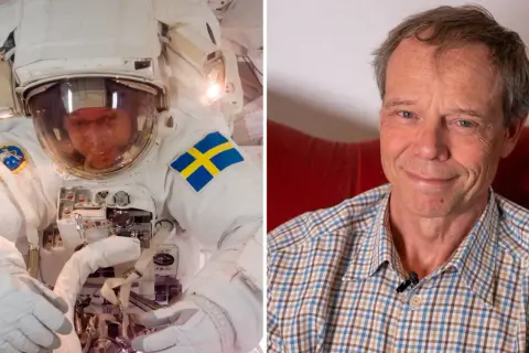 Christer Fuglesang i rymddräkt med svensk flagga och som en glad man i rutig skjorta.