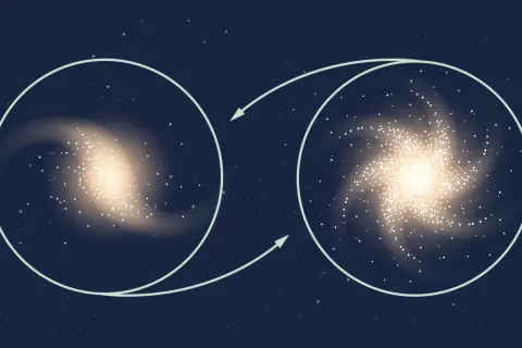 Två galaxer, en mindre och en större, med pilar som visar en rörelse. Kanske en resa på ett ljusår.