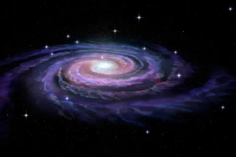 En spiralgalax med lysande armar av stjärnor och gas, som visar vad som består en galax av.