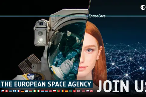 Astronaut i rymden och en kvinna möts. Rymdorgan ESA bjuder in till samarbete. #SpaceCare.
