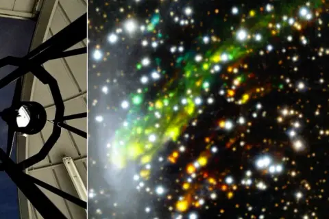 Teleskopets inre struktur mot en mörk himmel. Bredvid, en färggrann nebulosa med stjärnor, som får oss att undra hur många galaxer som finns där ute.