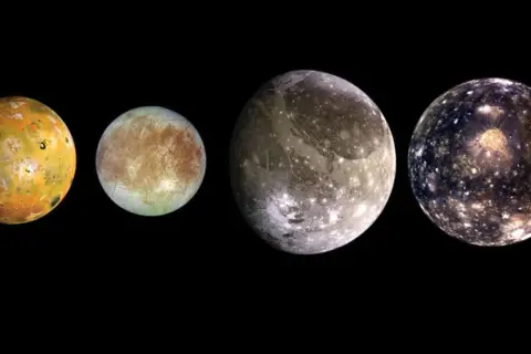 De galileiska månarna Io, Europa, Ganymedes och Callisto visas i rad mot en svart bakgrund.