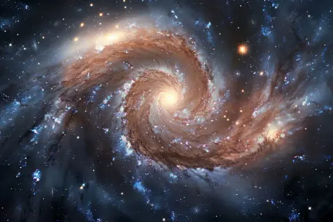 En virvlande galax med oregelbundna former, fylld av stjärnor och nebulosor.