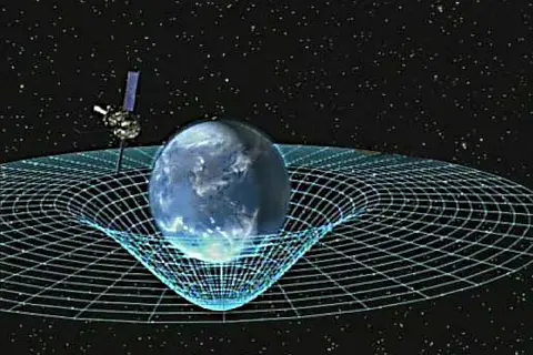 Jordens massa böjer rumtiden, en illustration av Einsteins relativitetsteori. En satellit observerar.