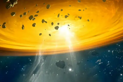 En virvlande skiva av gas och stoft, med asteroider som svävar, visar hur skapades solen.