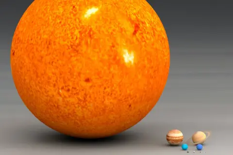 Enorm sol med flammande yta bredvid små planeter. Solens diameter är gigantisk jämfört med dessa himlakroppar.