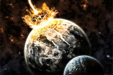 Enorm explosion på en planet, som om jorden går under. En annan mindre planet syns i förgrunden.