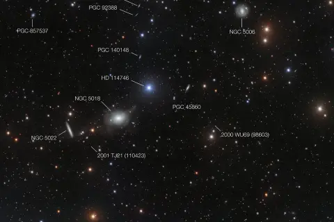 Mörk rymd med stjärnor och flera galaxer, inklusive elliptiska galaxer som NGC 5006.